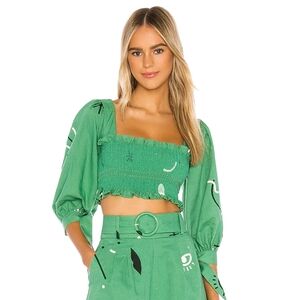 Capulet Gracia Smocked Top Women Size S Revolve Crop Green Linen Boho Coquette